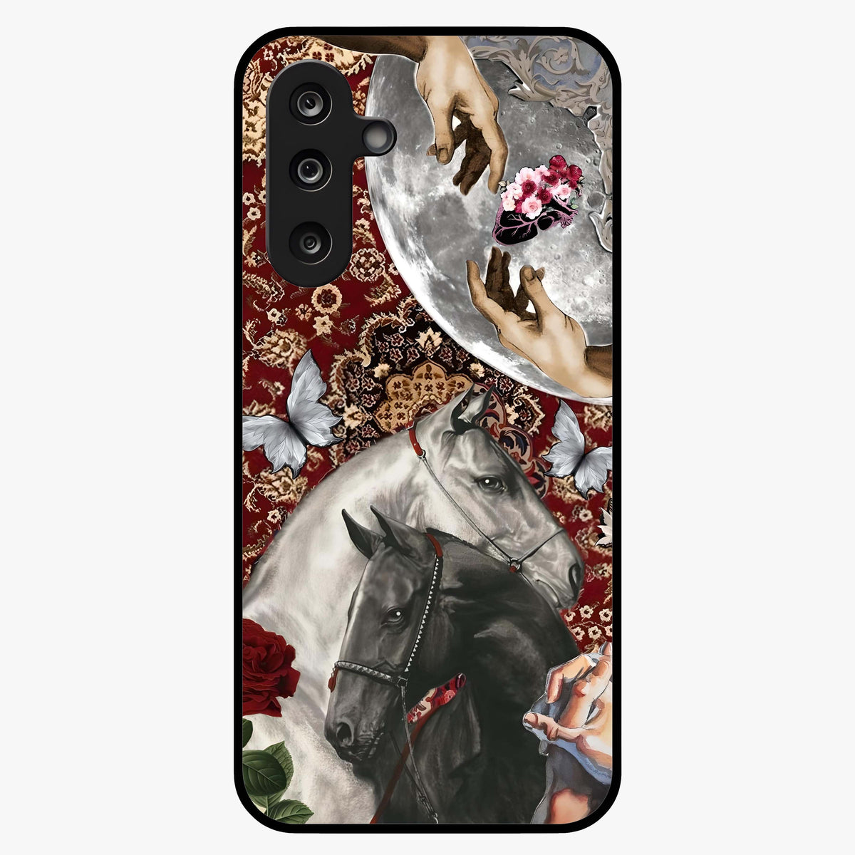 Moonlit Royal Stallion Glass Case showing flat back view with majestic horse under moonlight artwork and glossy glass finish.