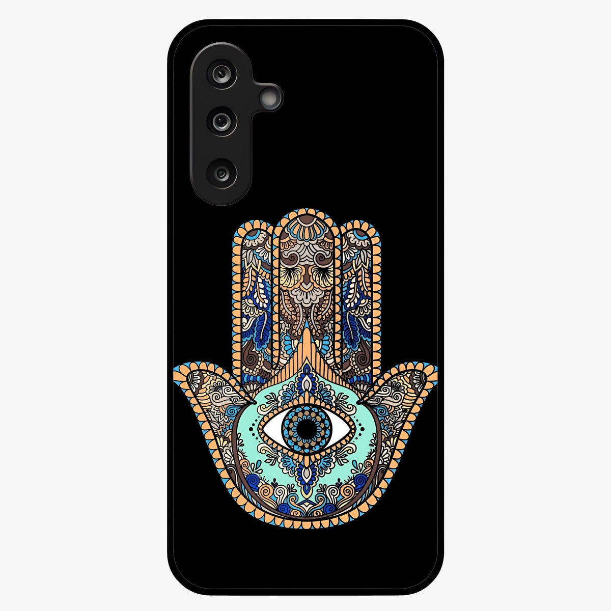 Mystic Hamsa Eye Glass Case showing flat back view with protective hamsa hand and evil eye artwork and glossy glass finish.