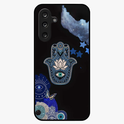 Mystic Hand Aura Glass Case showing flat back view with mystical hand symbol artwork and glossy glass finish.
