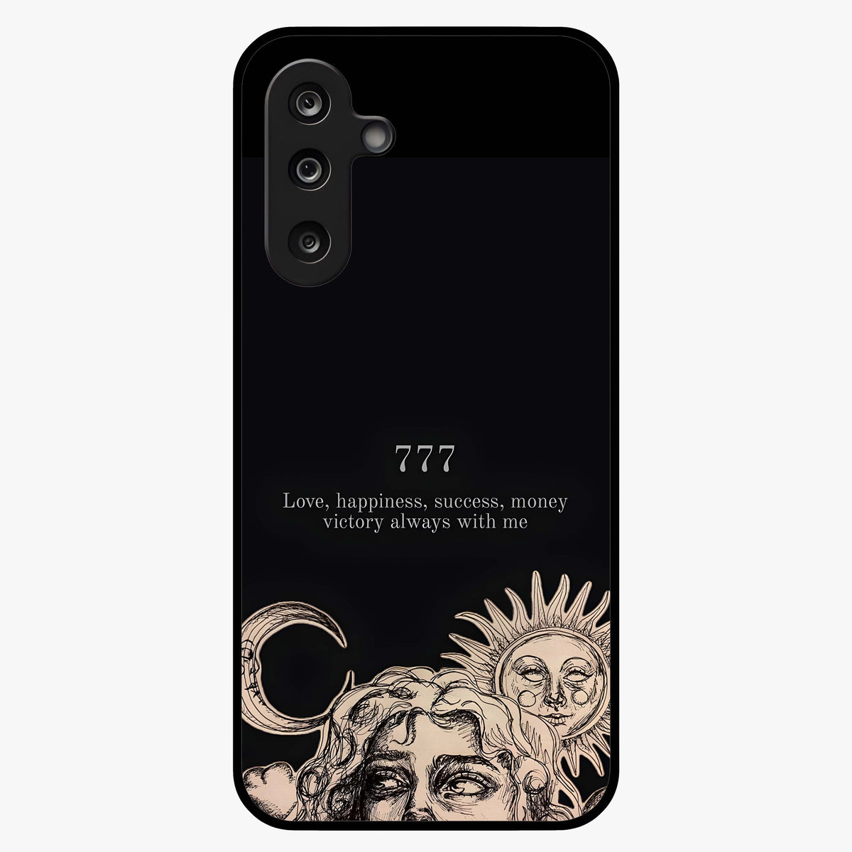 Mystic Victory Aura Glass Case showing flat back view with victory symbol artwork and glossy glass finish.