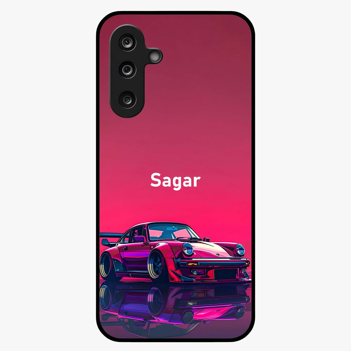 Neon Pink Porsche Glass Case showing flat back view with stylish sports car artwork and glossy glass finish.