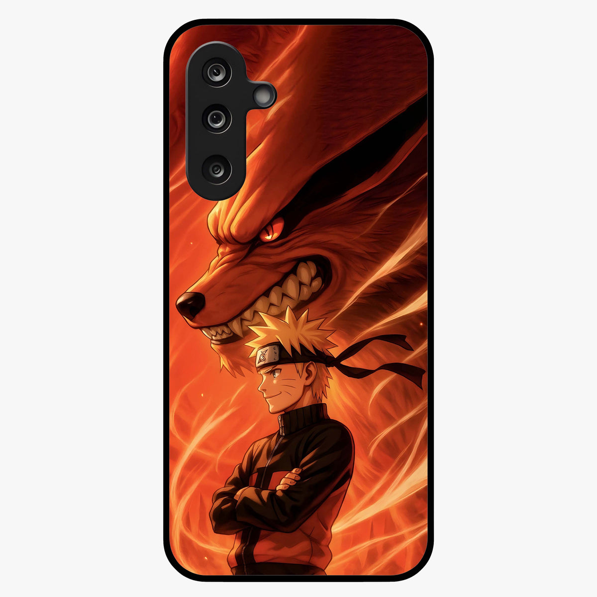 Nine Tails Legacy Glass Case showing flat back view with powerful nine-tailed fox inspired artwork and glossy glass finish.