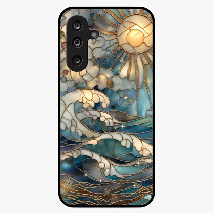 Oceanic Stained Printed Glass Case showing flat back view with ocean inspired stained pattern artwork and glossy glass finish.
