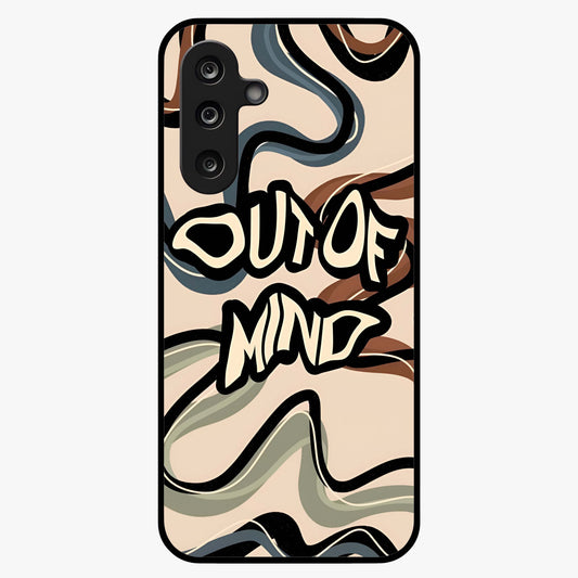 Out Of Mind Glass Case showing flat back view with expressive typography artwork and glossy glass finish.