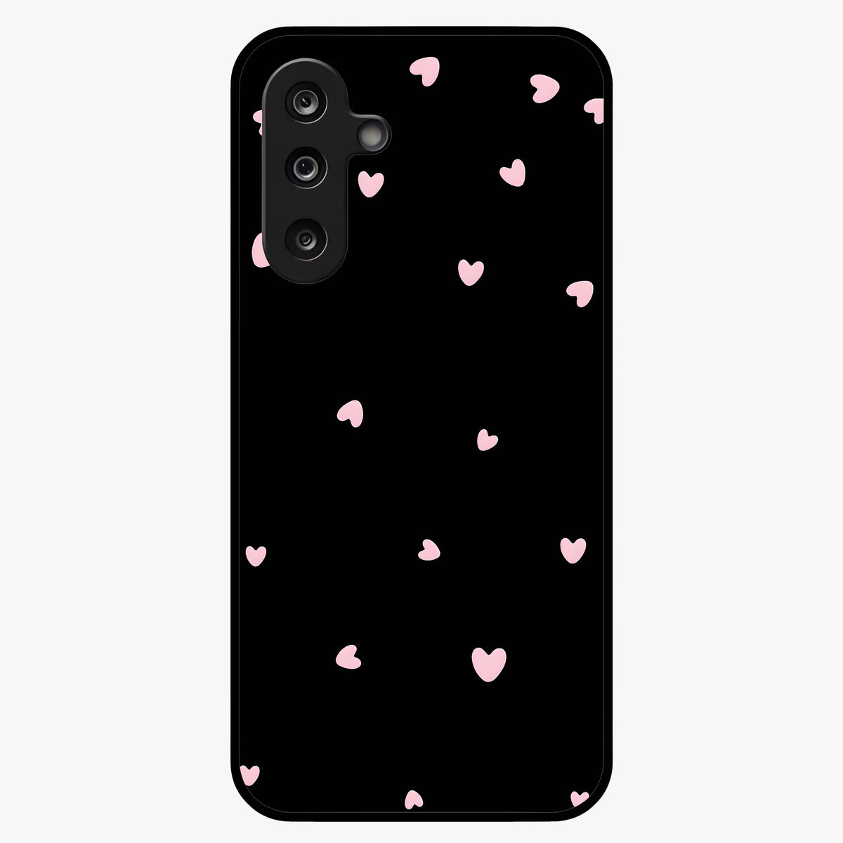 Pink Love Drops Glass Case showing flat back view with playful pink heart drops artwork and glossy glass finish.