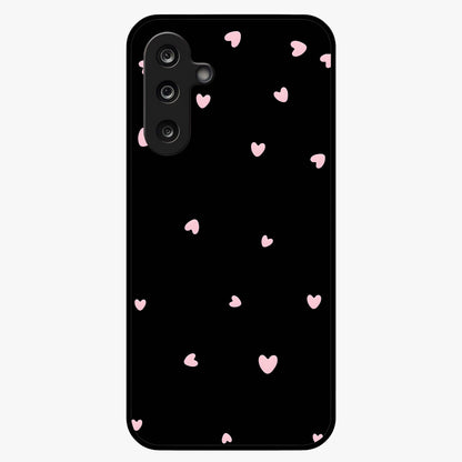 Pink Love Drops Glass Case showing flat back view with playful pink heart drops artwork and glossy glass finish.