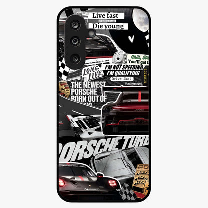 Porsche Racing Collage Glass Case showing flat back view with sports car racing collage artwork and glossy glass finish.