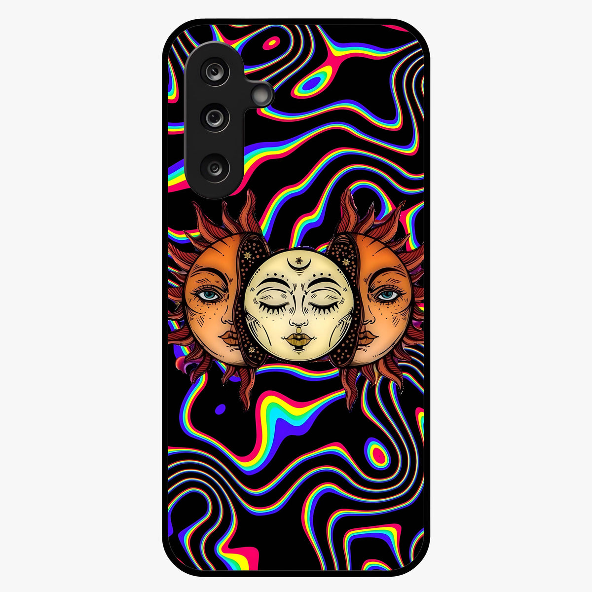 Psychedelic Sun Glass Case showing flat back view with colorful psychedelic sun artwork and glossy glass finish.
