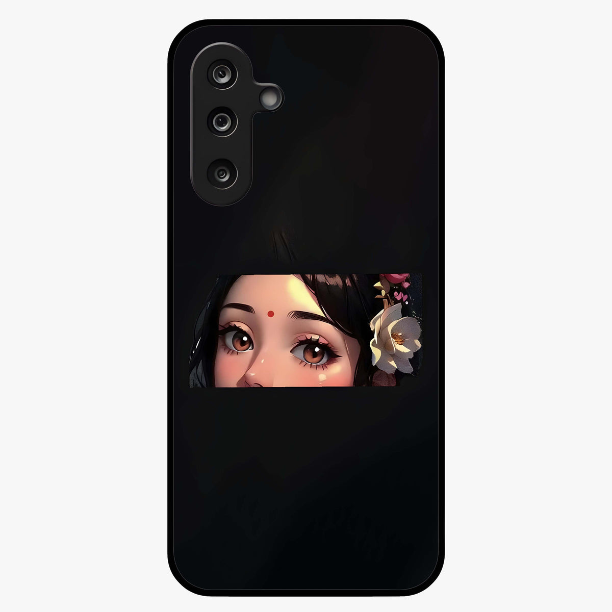 Radha Divine Embrace Glass Case showing flat back view with devotional Radha artwork and glossy glass finish.