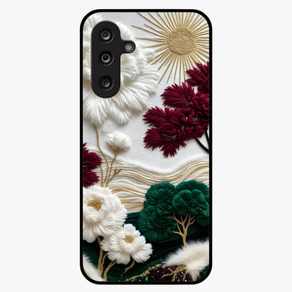 Radiant Bloom Elegance Glass Case showing flat back view with elegant blooming flower artwork and glossy glass finish.