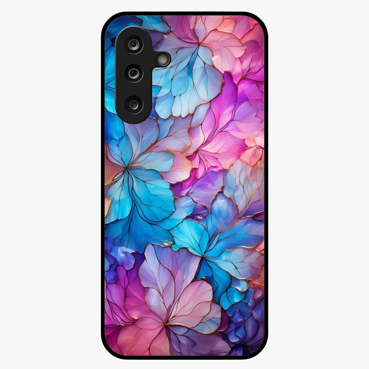 Radiant Floral Whirl Glass Case showing flat back view with swirling floral artwork and glossy glass finish.