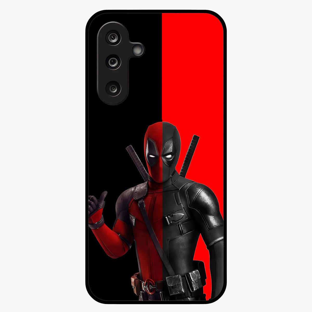 Red & Black Deadpool Theme Glass Case showing flat back view with bold comic inspired artwork and glossy glass finish.