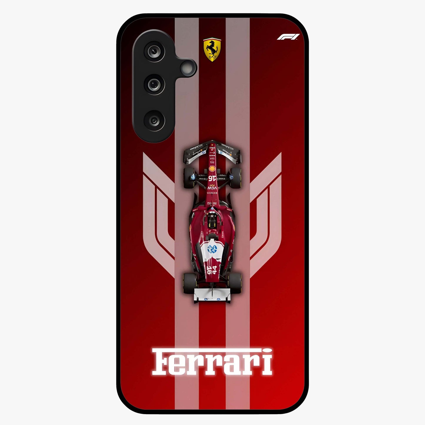 Red Ferrari F1 Vertical Glass Case showing flat back view with sleek Formula racing car artwork and glossy glass finish.
