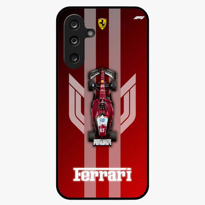 Red Ferrari F1 Vertical Glass Case showing flat back view with sleek Formula racing car artwork and glossy glass finish.