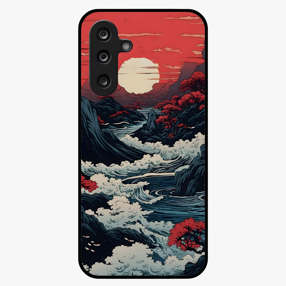 Red Sunset Scenery Glass Case showing flat back view with vibrant sunset landscape artwork and glossy glass finish.