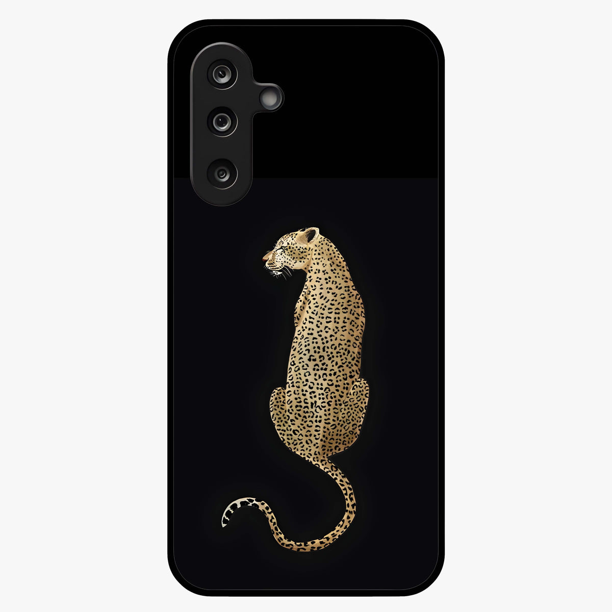 Regal Leopard Glass Case showing flat back view with bold leopard artwork and glossy glass finish.