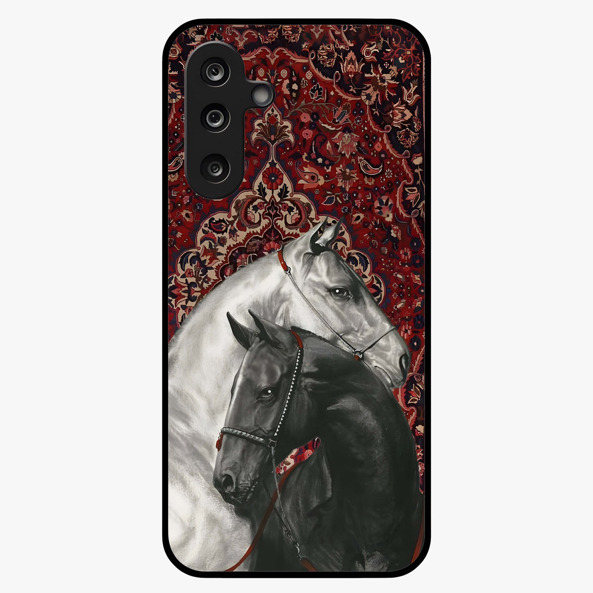 Regal Stallion Tapestry Glass Case showing flat back view with majestic horse tapestry artwork and glossy glass finish.