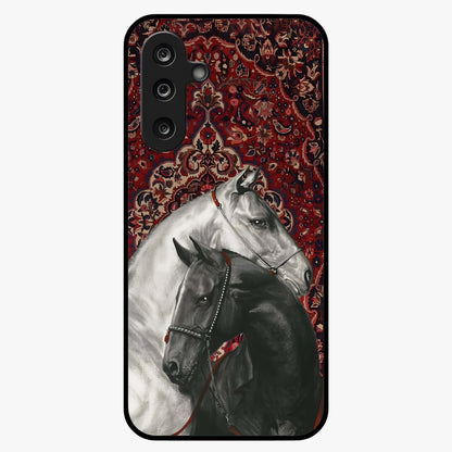 Regal Stallion Tapestry Glass Case showing flat back view with majestic horse tapestry artwork and glossy glass finish.