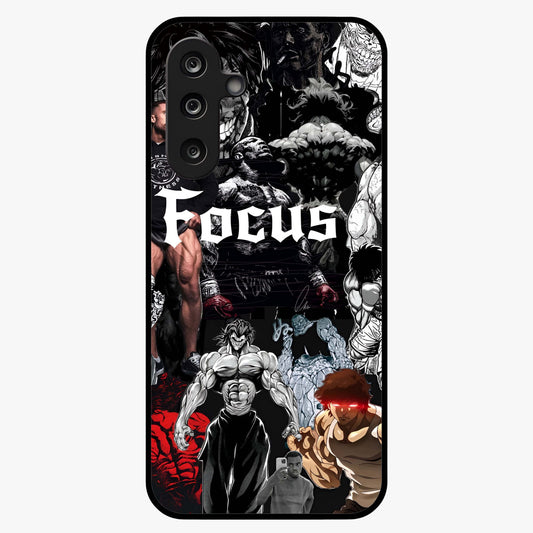 Relentless Power Focus Glass Case showing flat back view with motivational typography artwork and glossy glass finish.