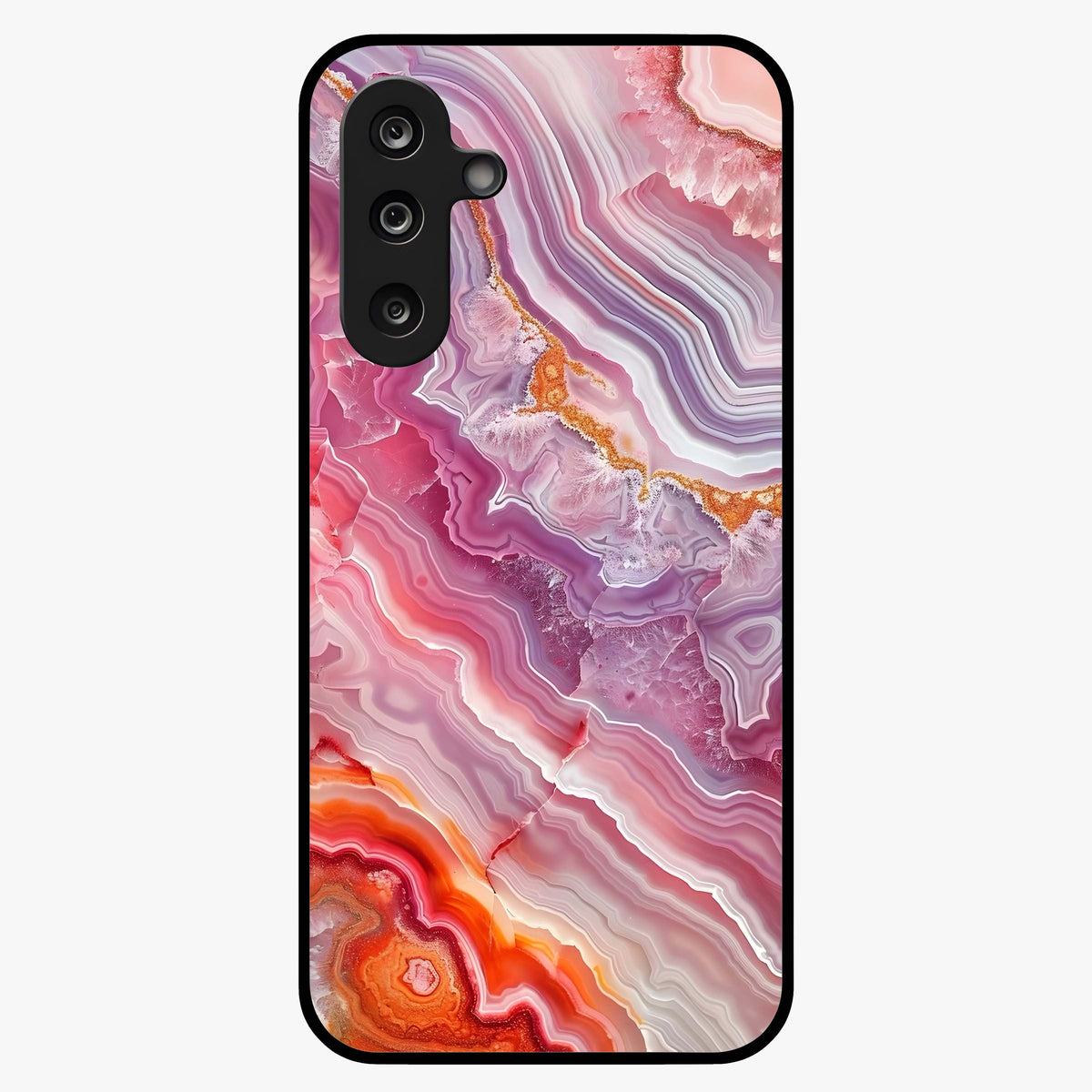 Rose Quartz Marble Glass Case showing flat back view with pink marble quartz texture artwork and glossy glass finish.
