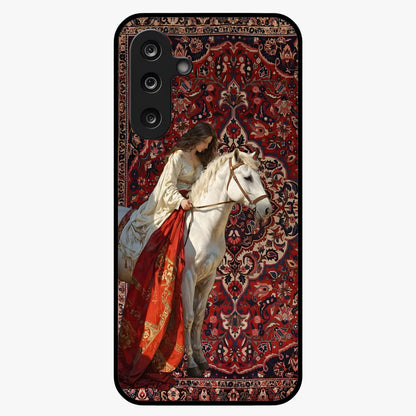 Royal Rider Tapestry Glass Case showing flat back view with majestic horse rider tapestry artwork and glossy glass finish.