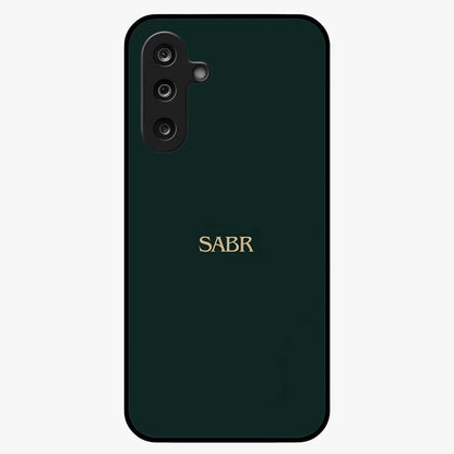 Sabr Minimal Patience Glass Case showing flat back view with minimalist typography artwork and glossy glass finish.