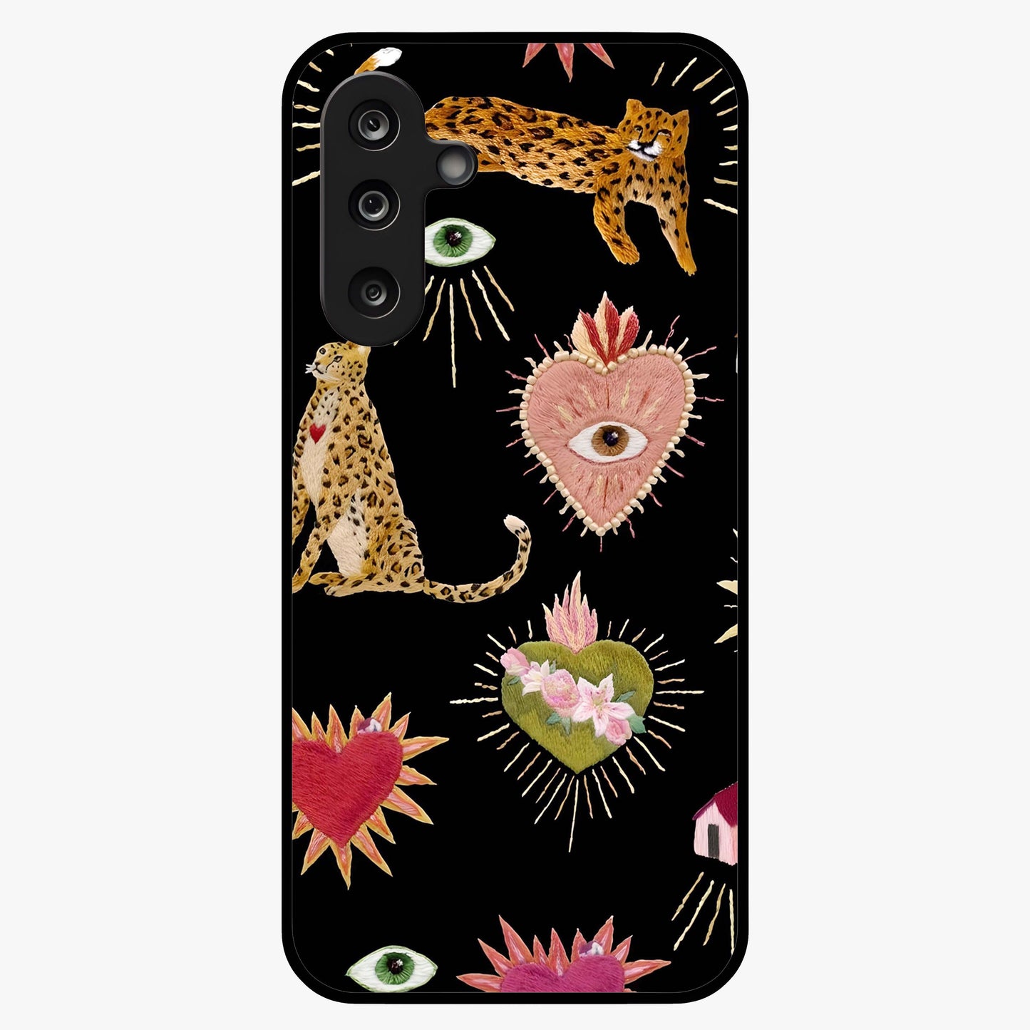 Sacred Jungle Heart Glass Case showing flat back view with jungle inspired heart artwork and glossy glass finish.
