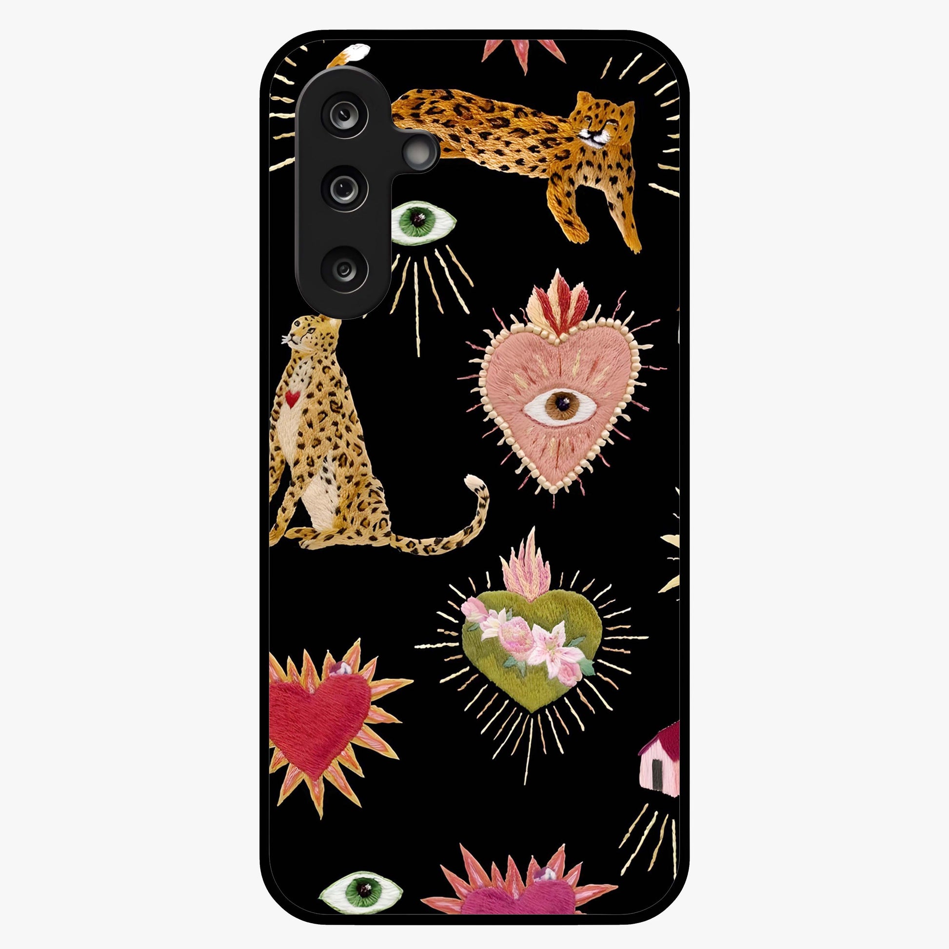 Sacred Jungle Heart Glass Case showing flat back view with jungle inspired heart artwork and glossy glass finish.