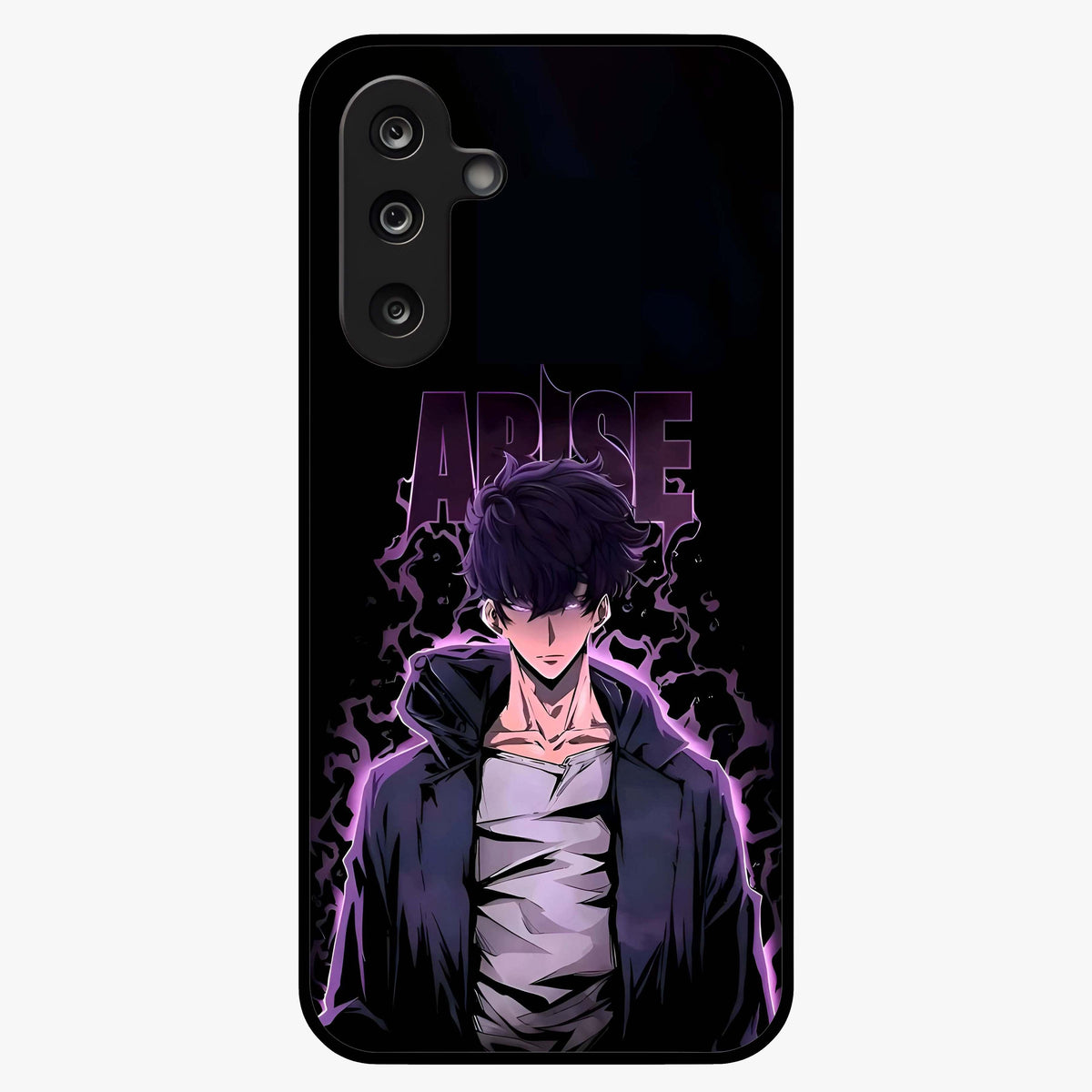 Shadow Monarch Awakening Glass Case showing flat back view with powerful dark monarch themed artwork and glossy glass finish.
