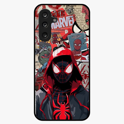Spider Collage Street Glass Case showing flat back view with vibrant superhero collage artwork and glossy glass finish.