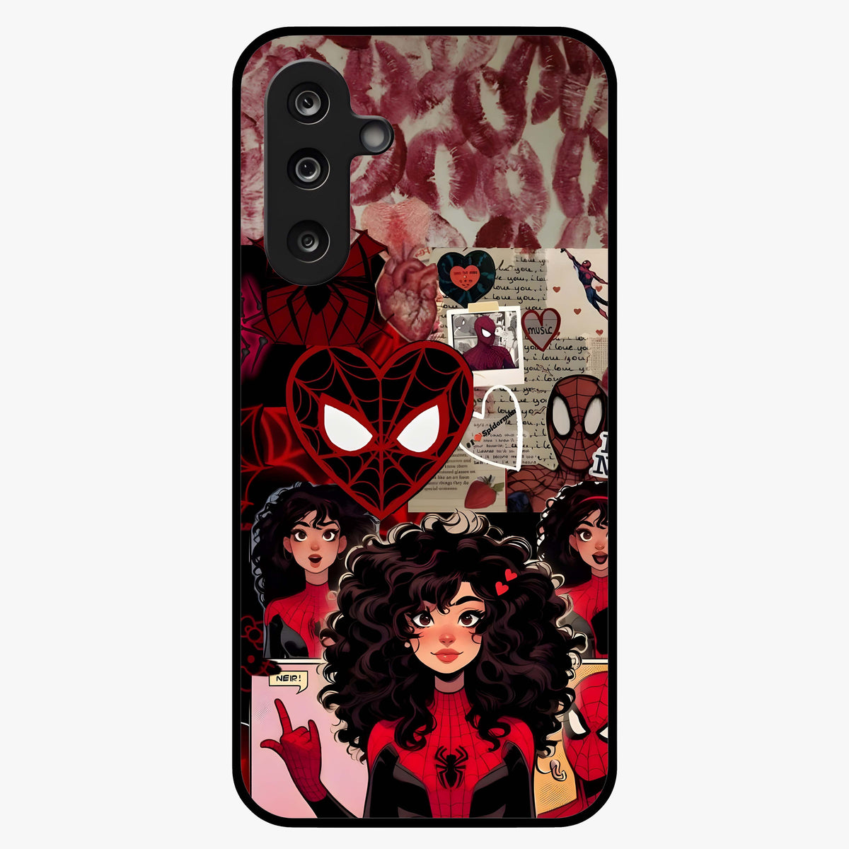 Spider Love Story Glass Case showing flat back view with romantic superhero themed artwork and glossy glass finish.