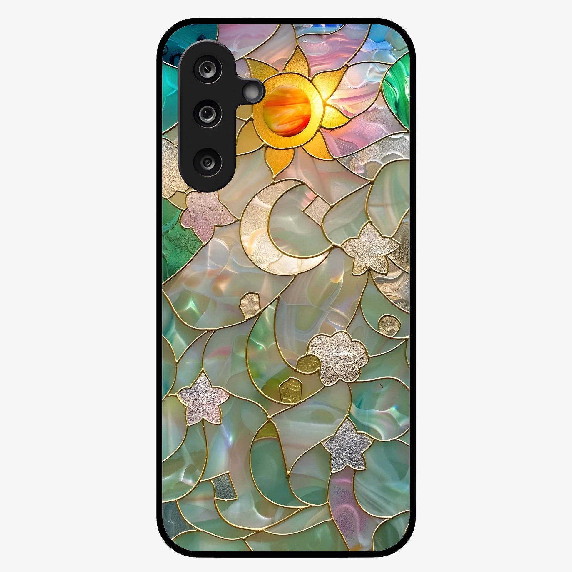 Stained Sunrise Glow Glass Case showing flat back view with glowing sunrise stained pattern artwork and glossy glass finish.