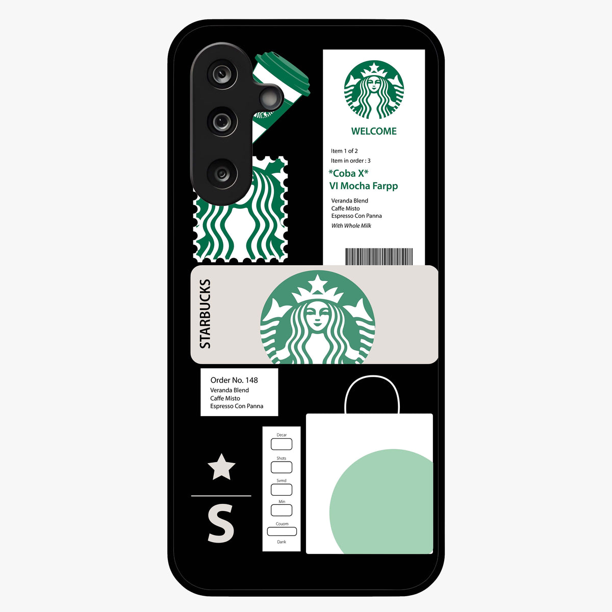Starbucks Mocha Glass Case showing flat back view with coffee inspired artwork and glossy glass finish.