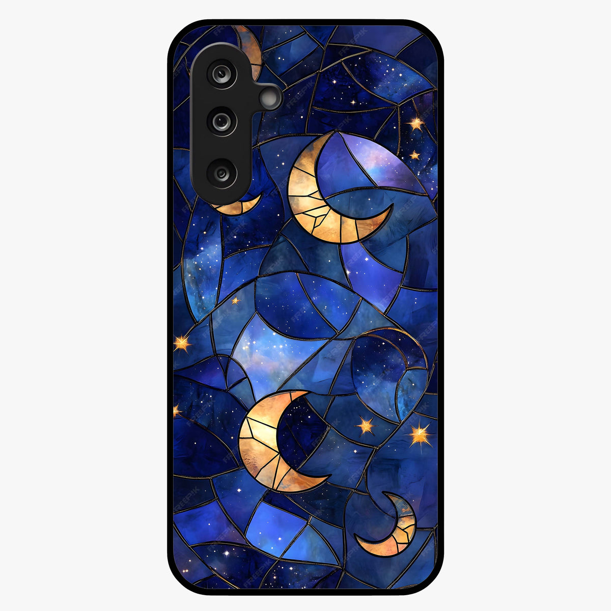 Starlit Sky Tapestry Glass Case showing flat back view with decorative starry sky tapestry artwork and glossy glass finish.