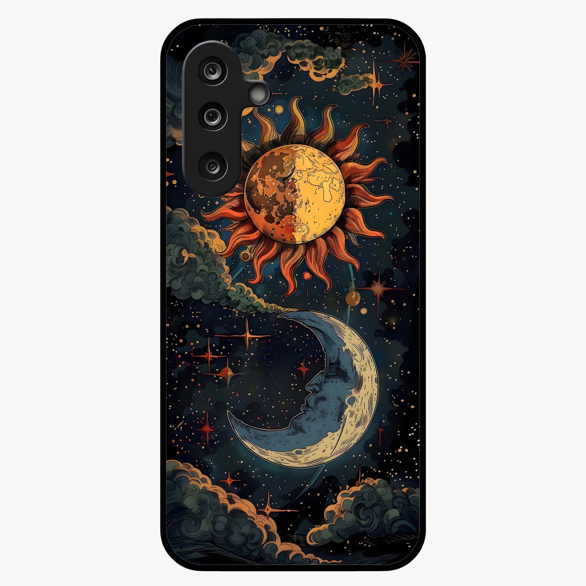 Sun And Moon Magic Design Glass Case showing flat back view with mystical sun and moon artwork and glossy glass finish.