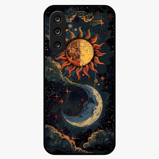 Sun And Moon Magic Design Glass Case showing flat back view with mystical sun and moon artwork and glossy glass finish.
