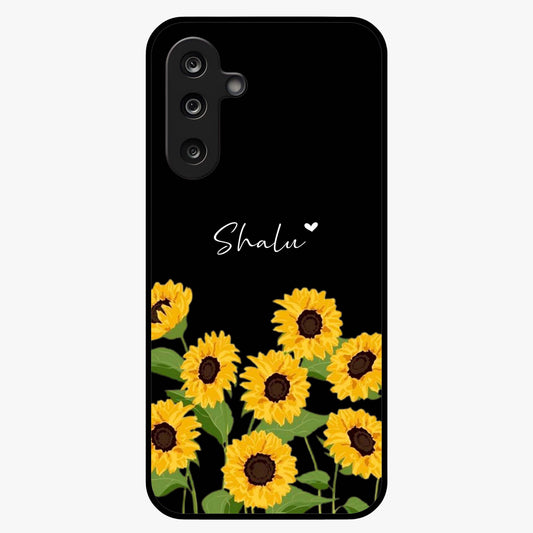Sunflower Chic Mood Custom Name Glass Case showing flat back view with stylish sunflower artwork and personalized name design.