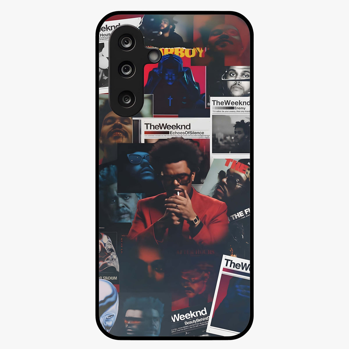 The Weeknd Glass Case showing flat back view with music inspired artistic portrait artwork and glossy glass finish.