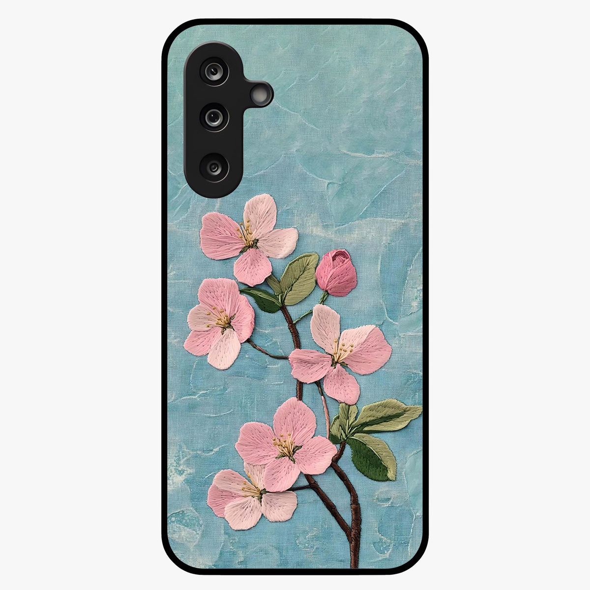 Threaded Blossom Breeze Glass Case showing flat back view with delicate blossom artwork and glossy glass finish.