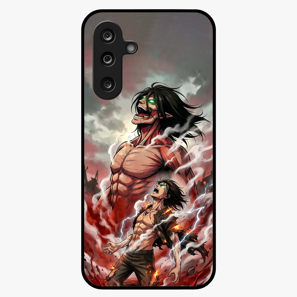 Titan Awakening Fury Glass Case showing flat back view with powerful titan inspired artwork and glossy glass finish.