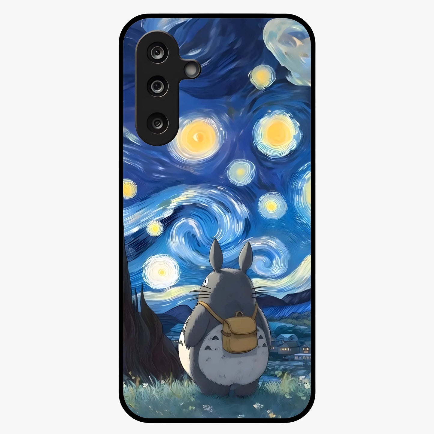 Totoro In Van Gogh Art Glass Case showing flat back view with whimsical character artwork inspired by Van Gogh style and glossy glass finish.