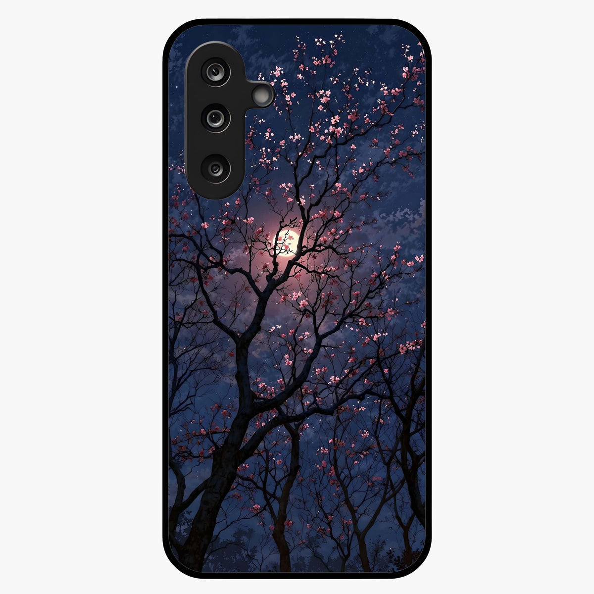 Twilight Sakura Serenade Glass Case showing flat back view with cherry blossom artwork at twilight and glossy glass finish.