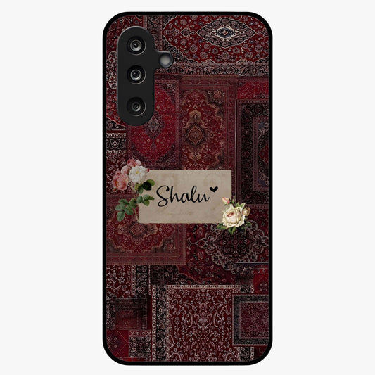 Velvet Wine Pattern Custom Name Glass Case showing flat back view with elegant wine colored pattern artwork and personalized name design.