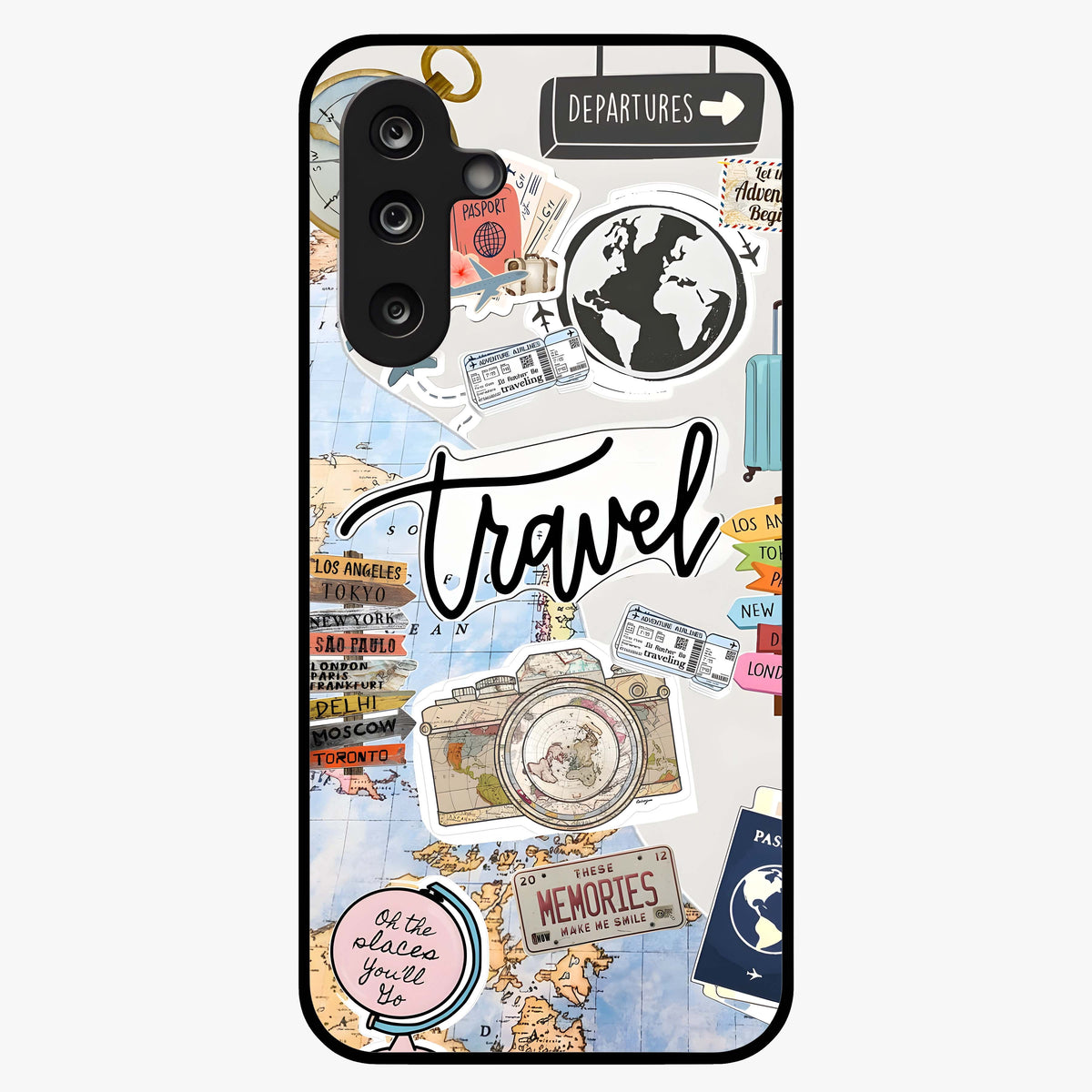 Wanderlust Journal Glass Case showing flat back view with travel inspired artwork and glossy glass finish.