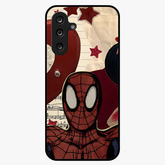 Web Warrior Vibes Glass Case showing flat back view with superhero inspired web themed artwork and glossy glass finish.