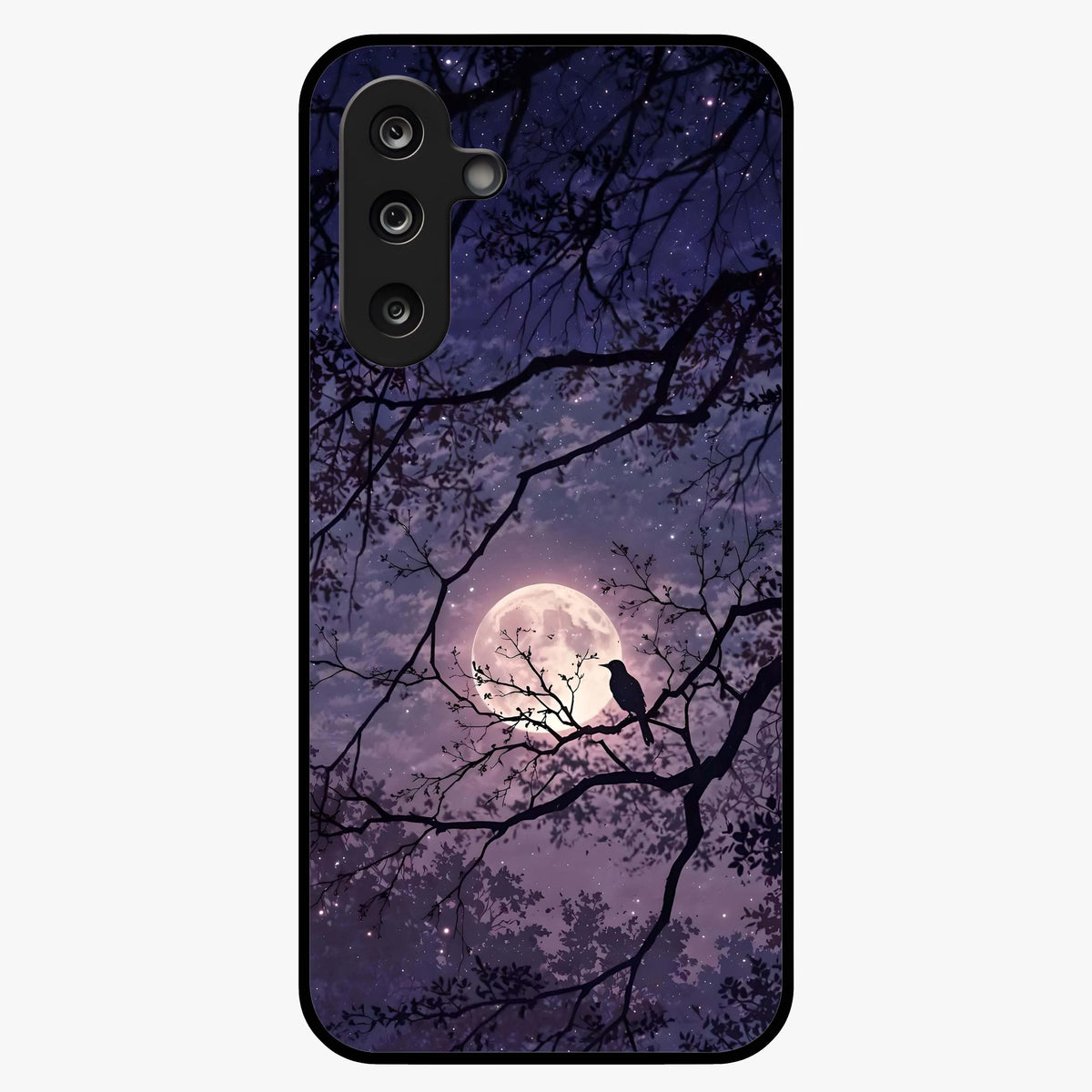 Whispering Moon Silence Glass Case showing flat back view with serene moon themed artwork and glossy glass finish.