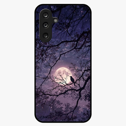 Whispering Moon Silence Glass Case showing flat back view with serene moon themed artwork and glossy glass finish.