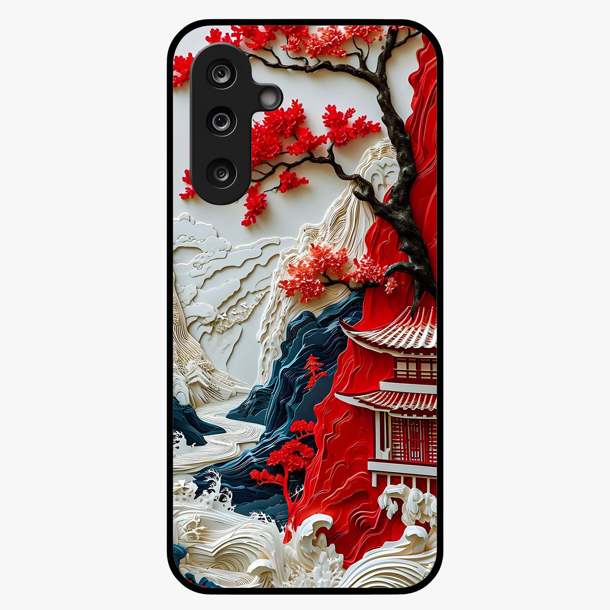 Whispers Of Sakura Waves Glass Case showing flat back view with cherry blossom wave artwork and glossy glass finish.