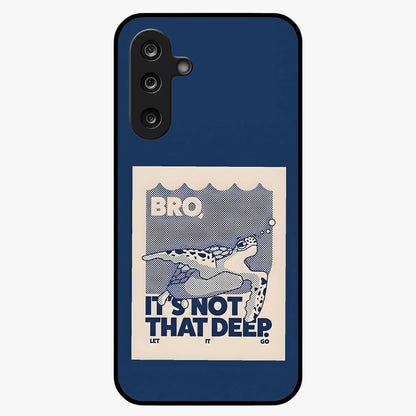 Worry Less Swim Glass Case showing flat back view with playful motivational artwork and glossy glass finish.