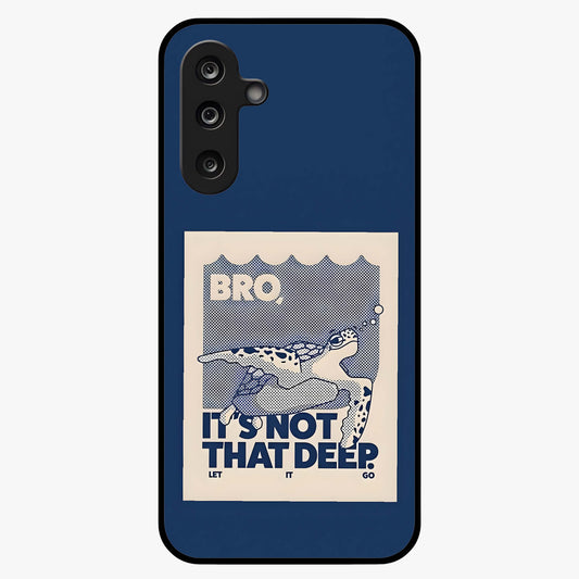 Worry Less Swim Glass Case showing flat back view with playful motivational artwork and glossy glass finish.